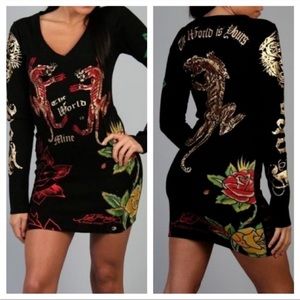 ED HARDY M Womens Rhinestone Knit Sweater Dress RARE Vintage Y2K Long Sleeve